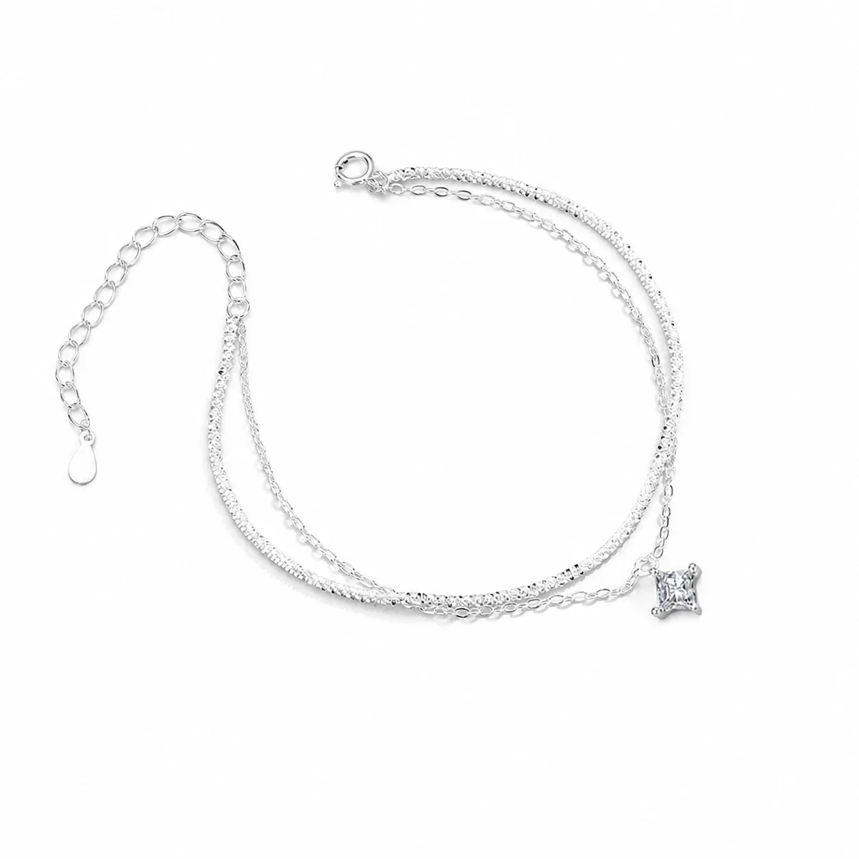 Delicate 925 Sterling Silver Double-Chain Square Charm Bracelet - Silver