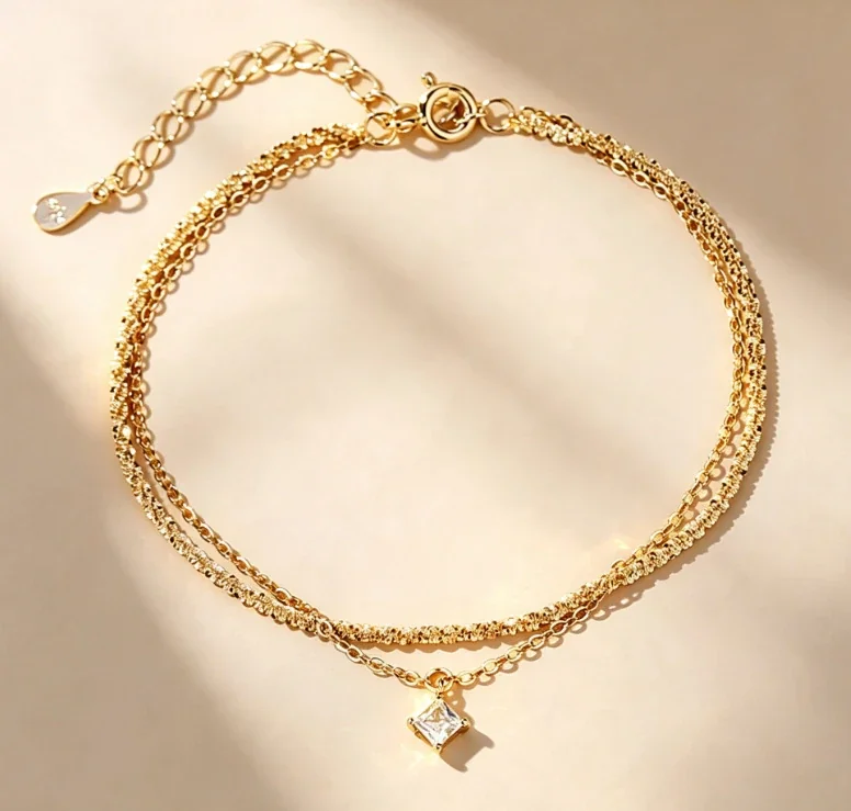 Delicate 925 Sterling Silver Double-Chain Square Charm Bracelet - Gold