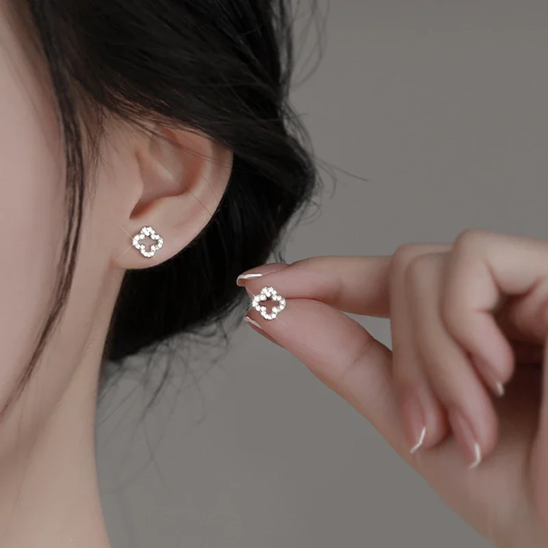 Openwork 925 sterling silver Pavé Clover Stud Earrings