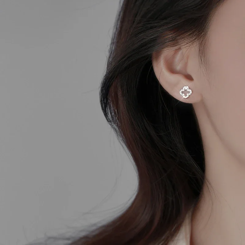 Openwork 925 sterling silver Pavé Clover Stud Earrings