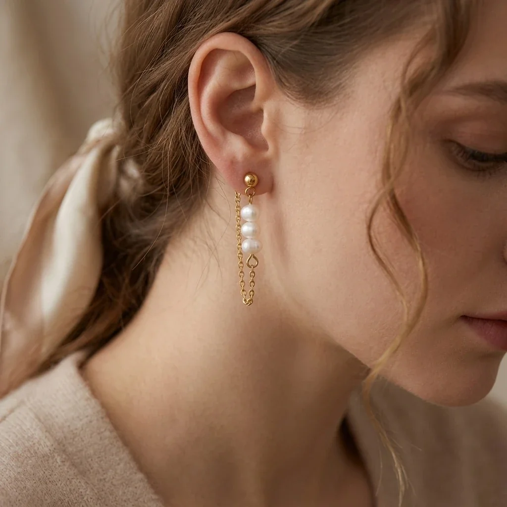 Baroque Pearl Loop Chain Stainless Steel Drop Earrings