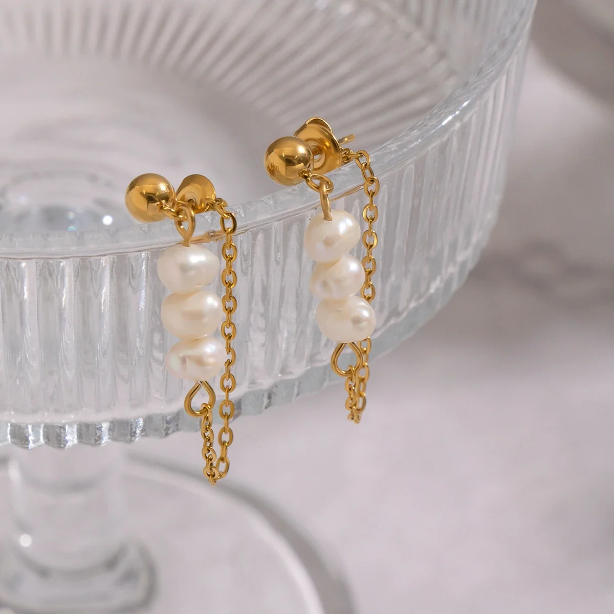 Baroque Pearl Loop Chain Stainless Steel Drop Earrings