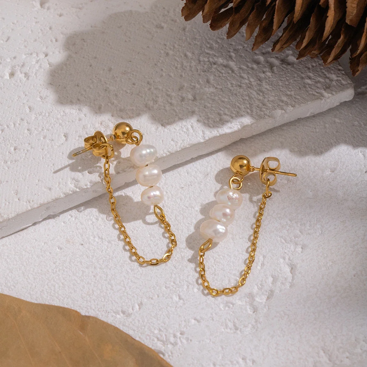 Baroque Pearl Loop Chain Stainless Steel Drop Earrings