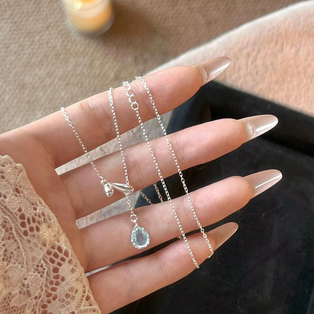 Delicate Blue Teardrop 925 Sterling Silver Bead Drop Necklace