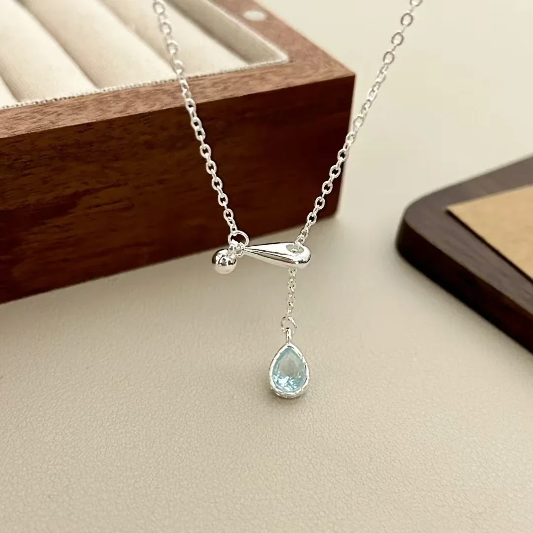 Delicate Blue Teardrop 925 Sterling Silver Bead Drop Necklace