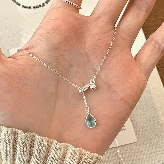 Delicate Blue Teardrop 925 Sterling Silver Bead Drop Necklace - Silver