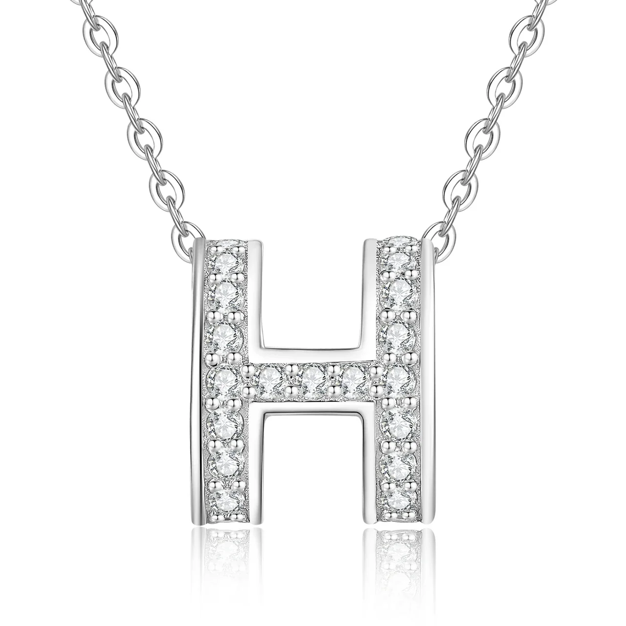 Polished H Initial 925 Sterling Silver Pavé Necklace