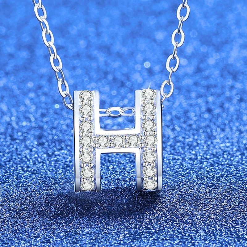 Polished H Initial 925 Sterling Silver Pavé Necklace