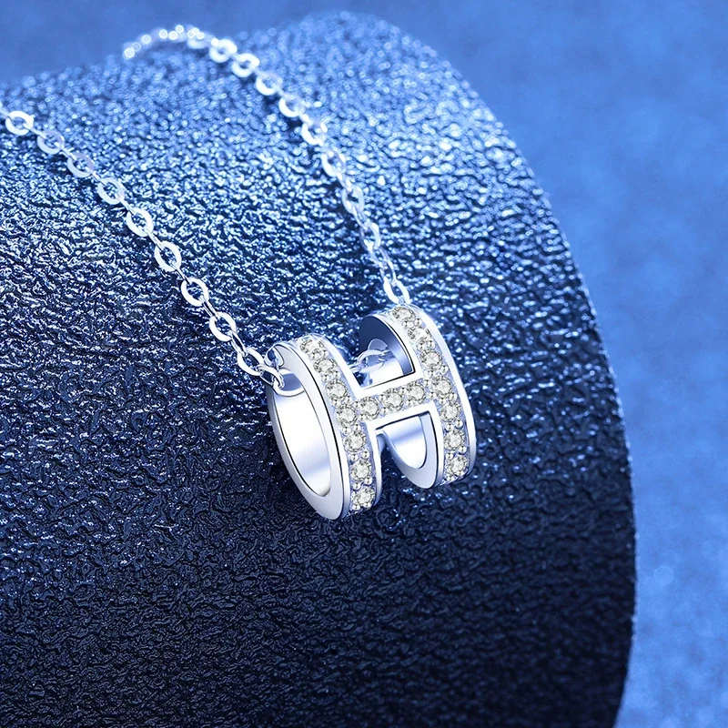 Polished H Initial 925 Sterling Silver Pavé Necklace