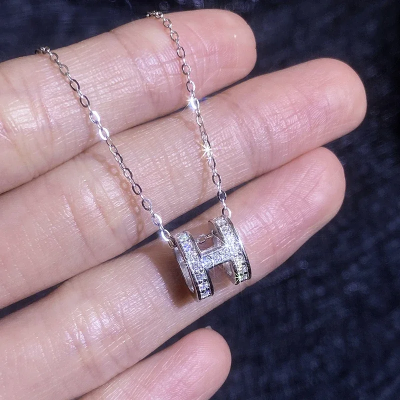 Polished H Initial 925 Sterling Silver Pavé Necklace