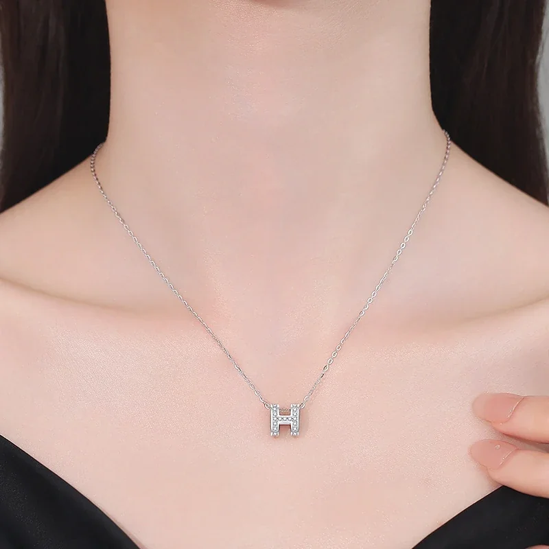 Polished H Initial 925 Sterling Silver Pavé Necklace