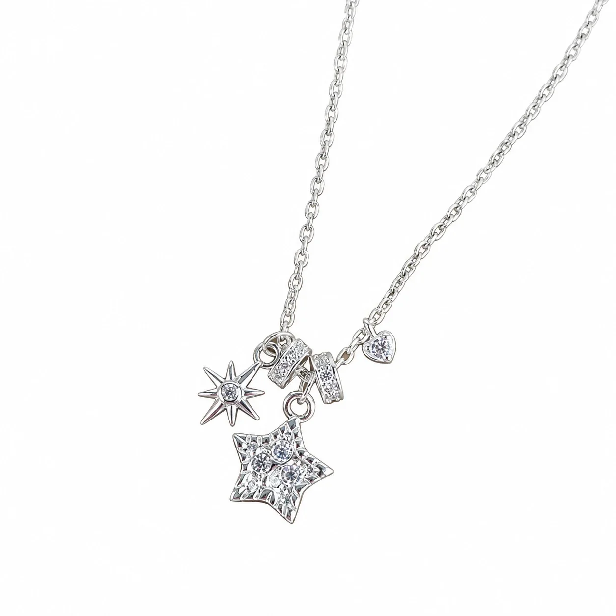 Celestial 925 Sterling Silver Sunburst Star Charm Necklace - Silver