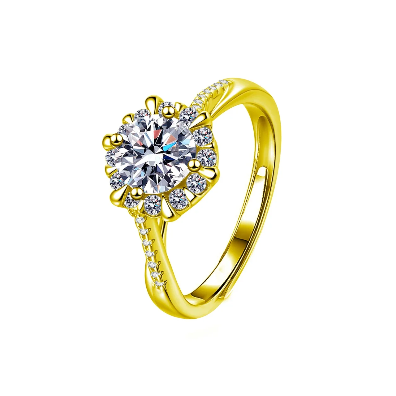 Floral Halo 925 Sterling Silver Twisted-Shank Ring - Gold