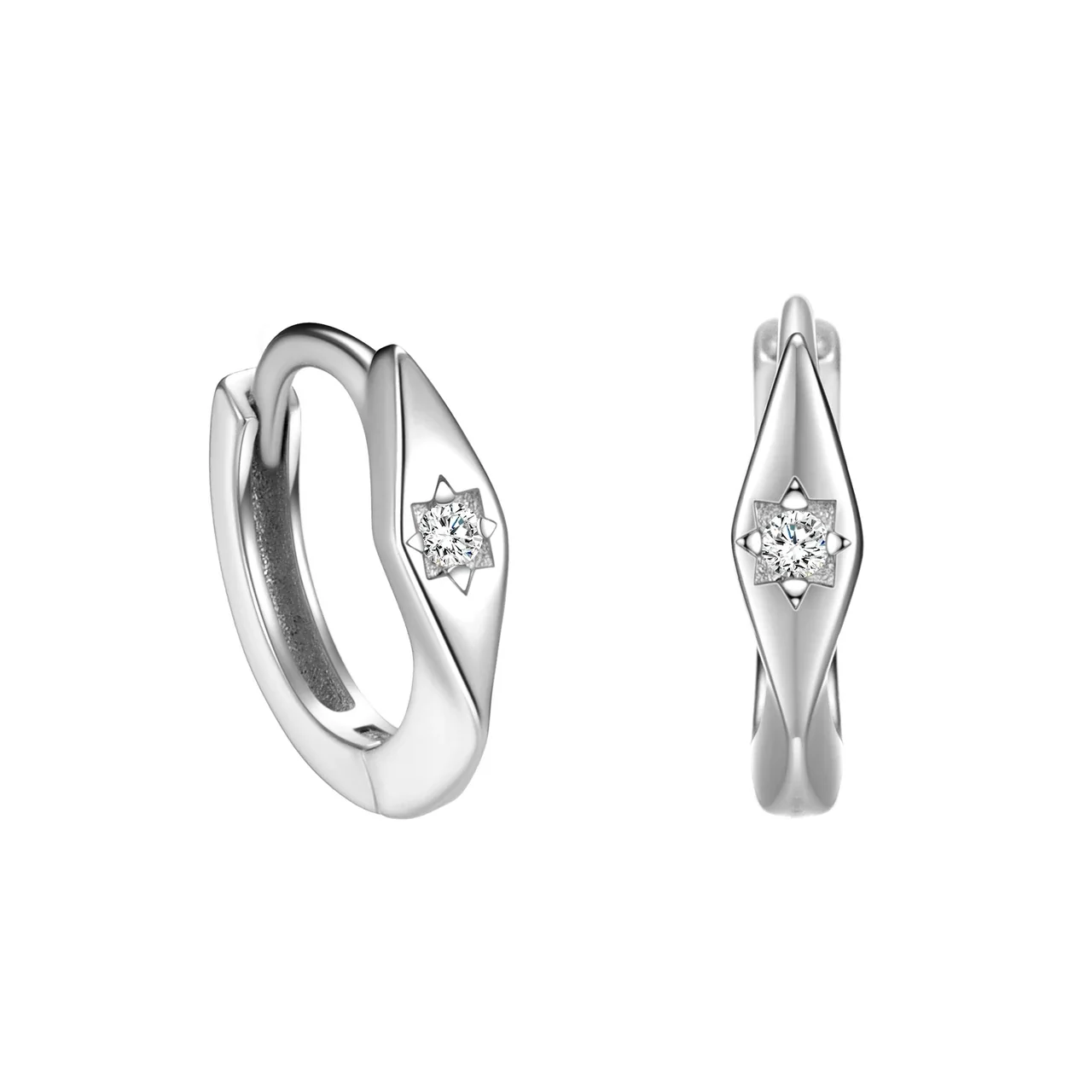 Geometric Starburst Stone 925 Sterling Silver Hoop Earrings