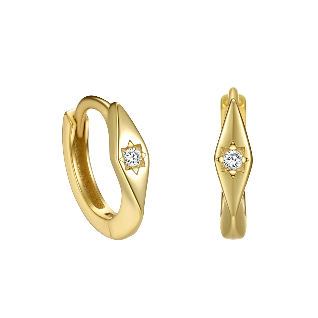 Geometric Starburst Crystal 925 Sterling Silver Hoop Earrings - Gold