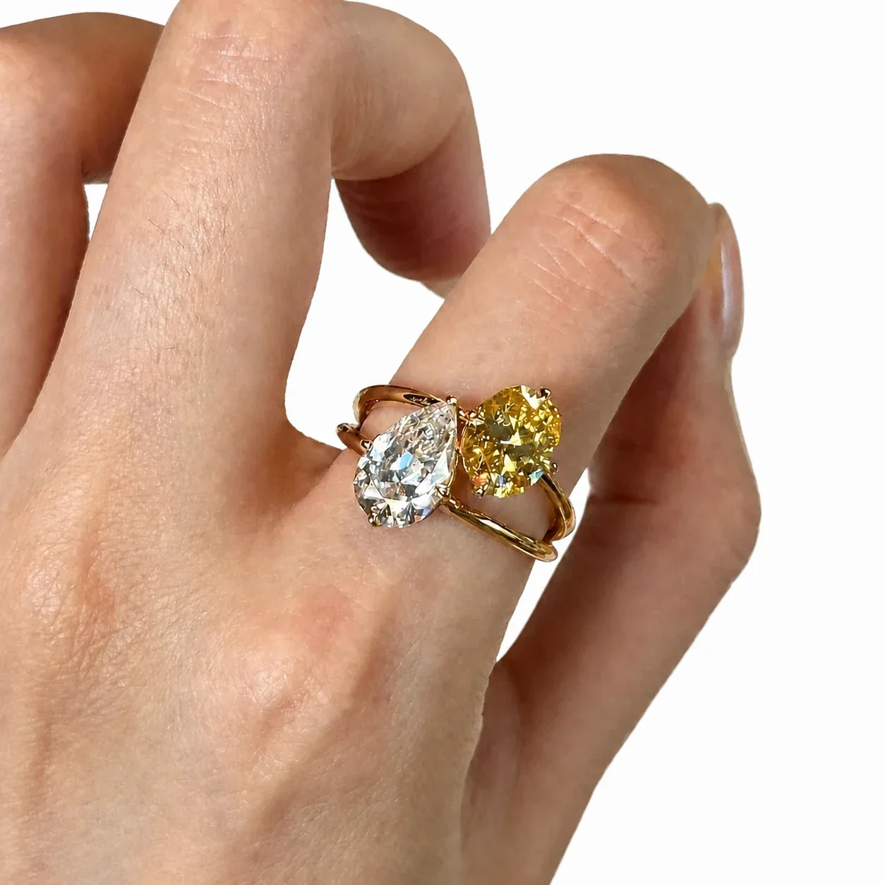 Radiant Gold-Plated Pear and Round Crystal Copper Ring