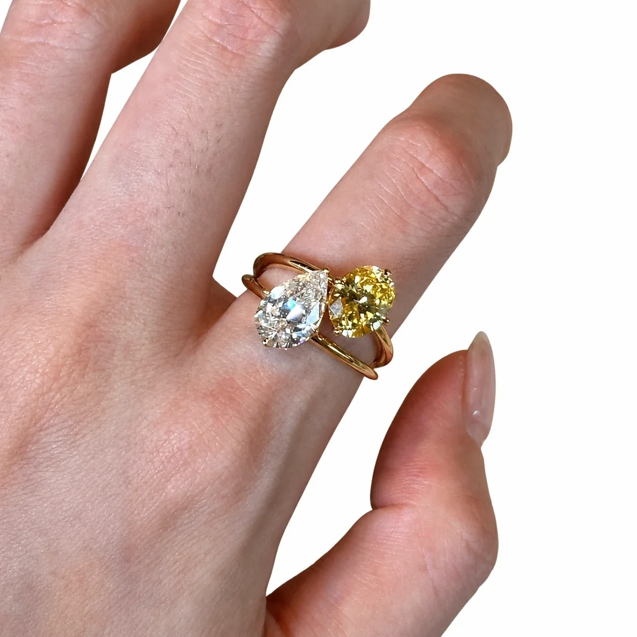 Radiant Gold-Plated Pear and Round Crystal Copper Ring