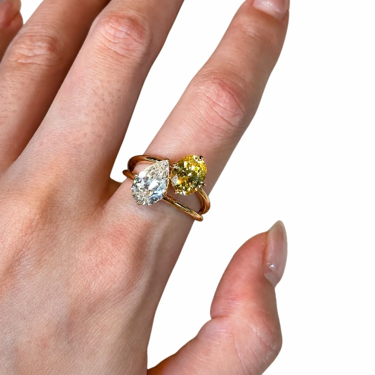 Radiant Gold-Plated Pear and Round Crystal Copper Ring