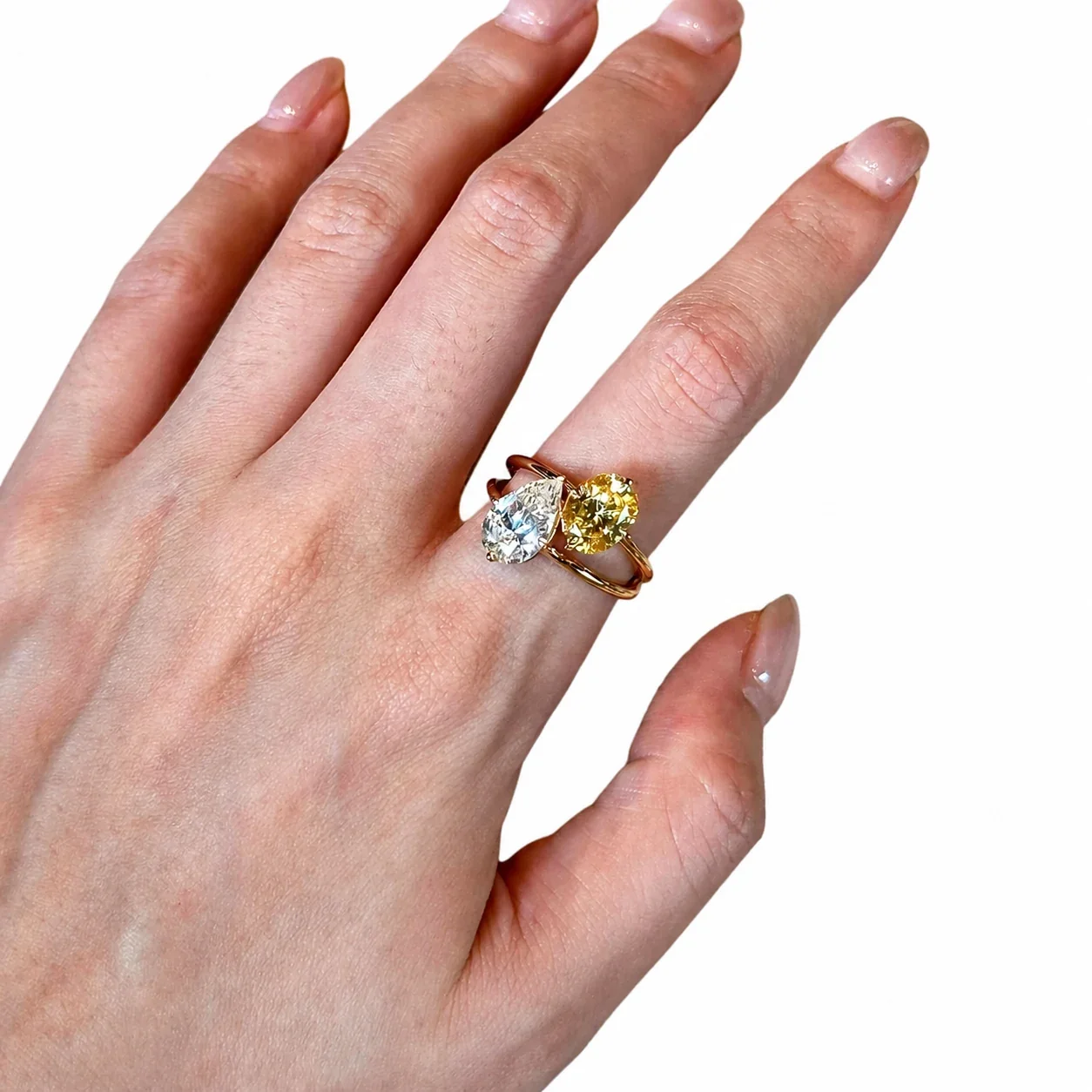 Radiant Gold-Plated Pear and Round Crystal Copper Ring