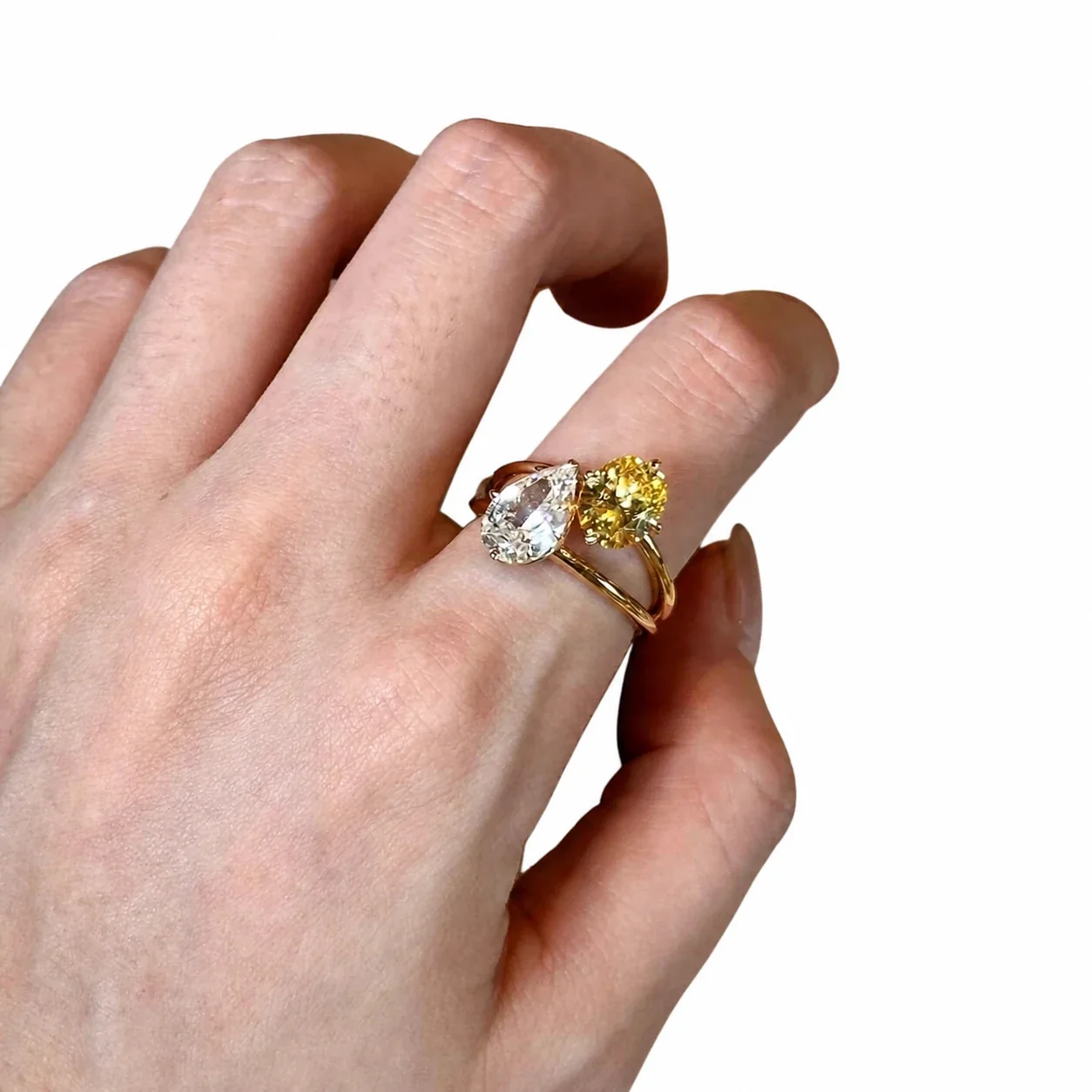 Radiant Gold-Plated Pear and Round Crystal Copper Ring