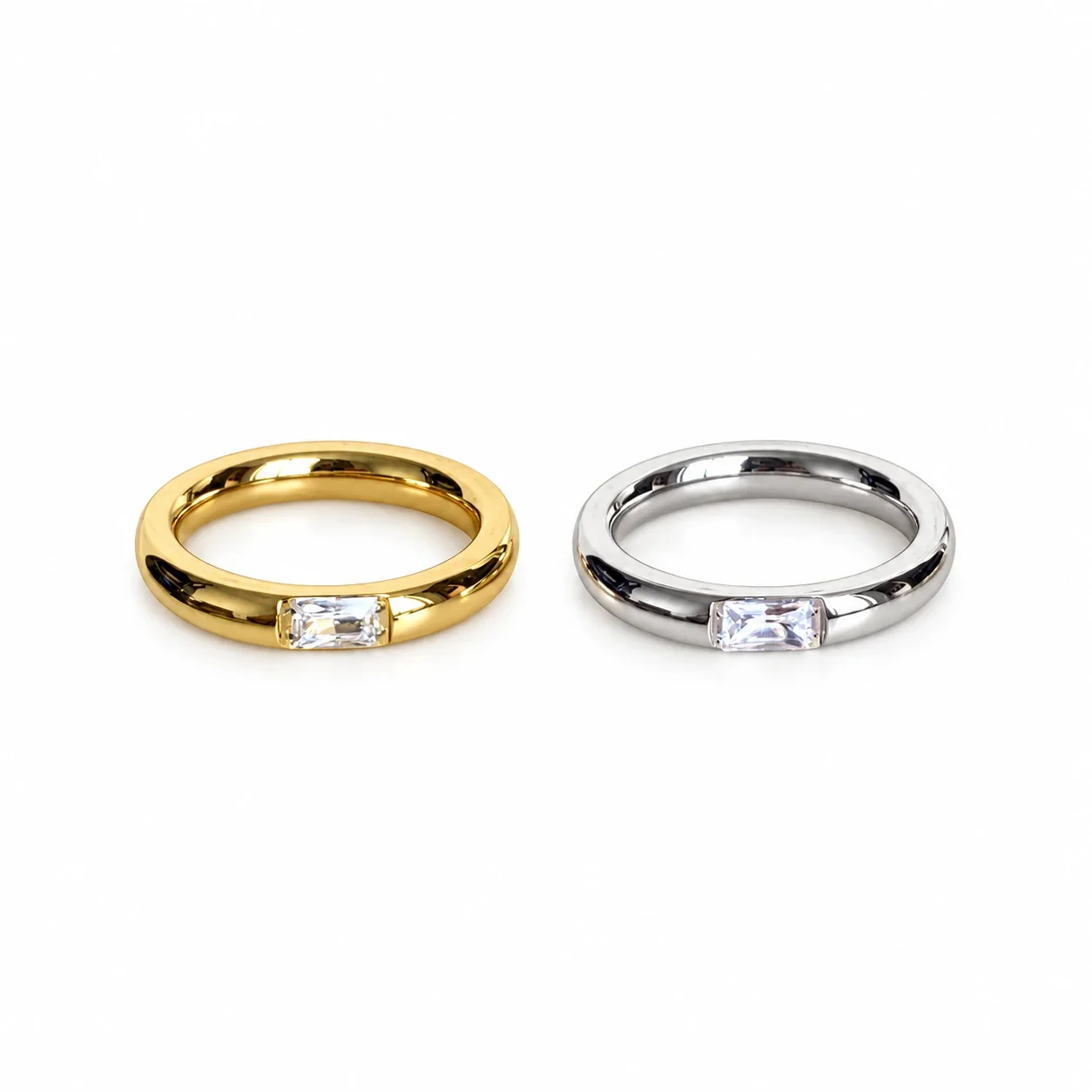 Refined Stainless Steel Bezel-Set Baguette Dome Ring