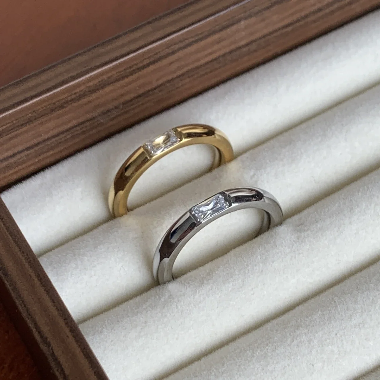Refined Stainless Steel Bezel-Set Baguette Dome Ring