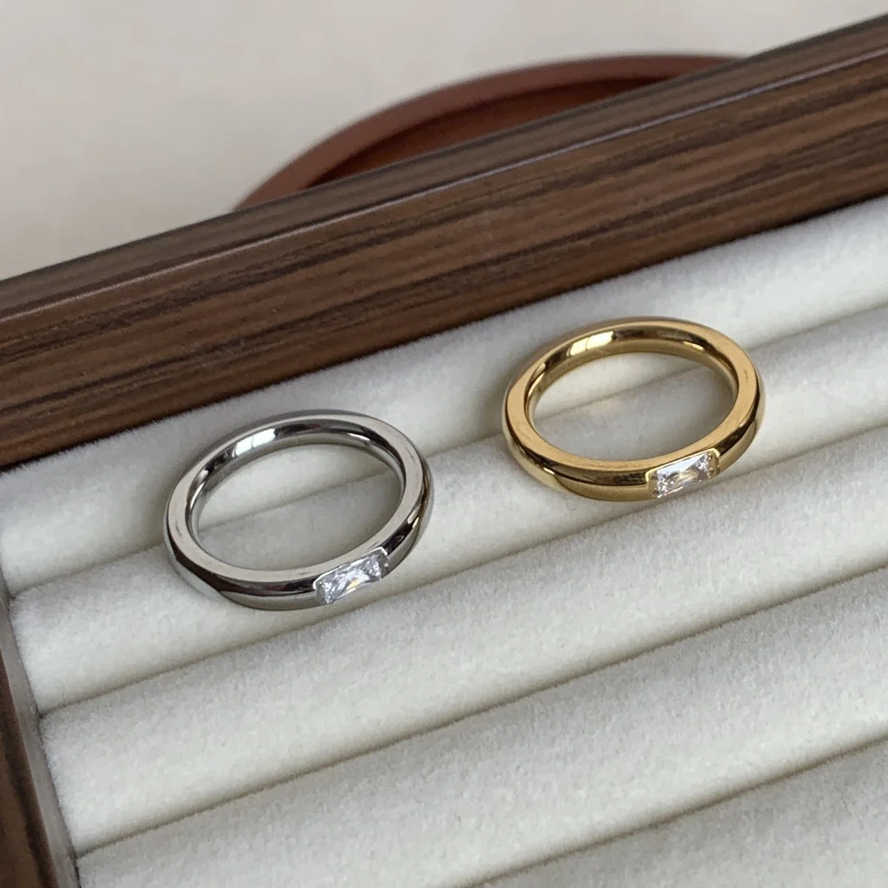 Refined Stainless Steel Bezel-Set Baguette Dome Ring
