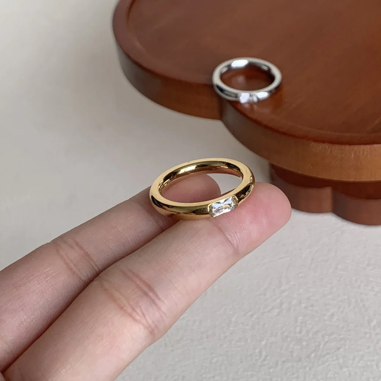 Refined Stainless Steel Bezel-Set Baguette Dome Ring