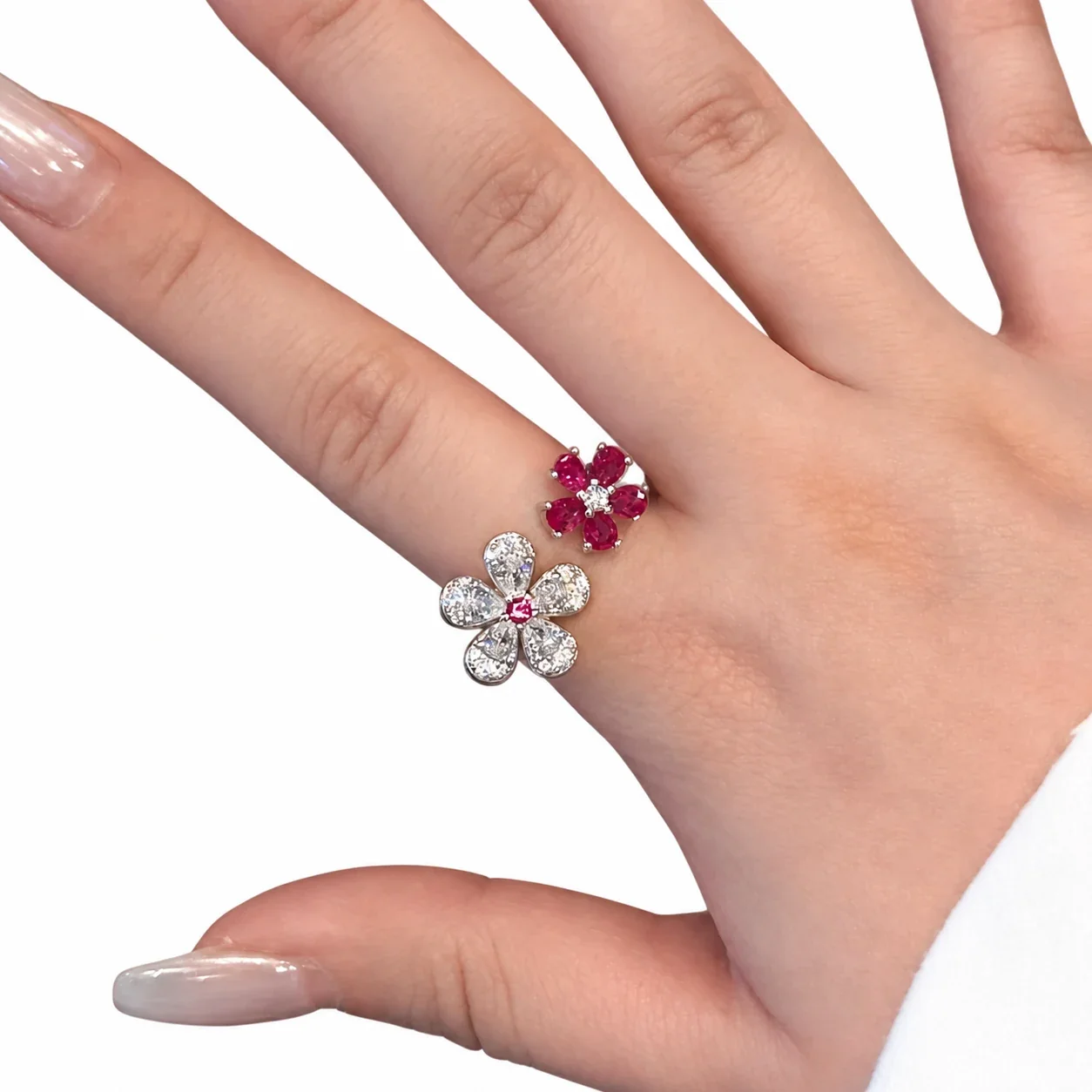 Radiant Silver-Plated Copper Twin Flower Open-Front Ring