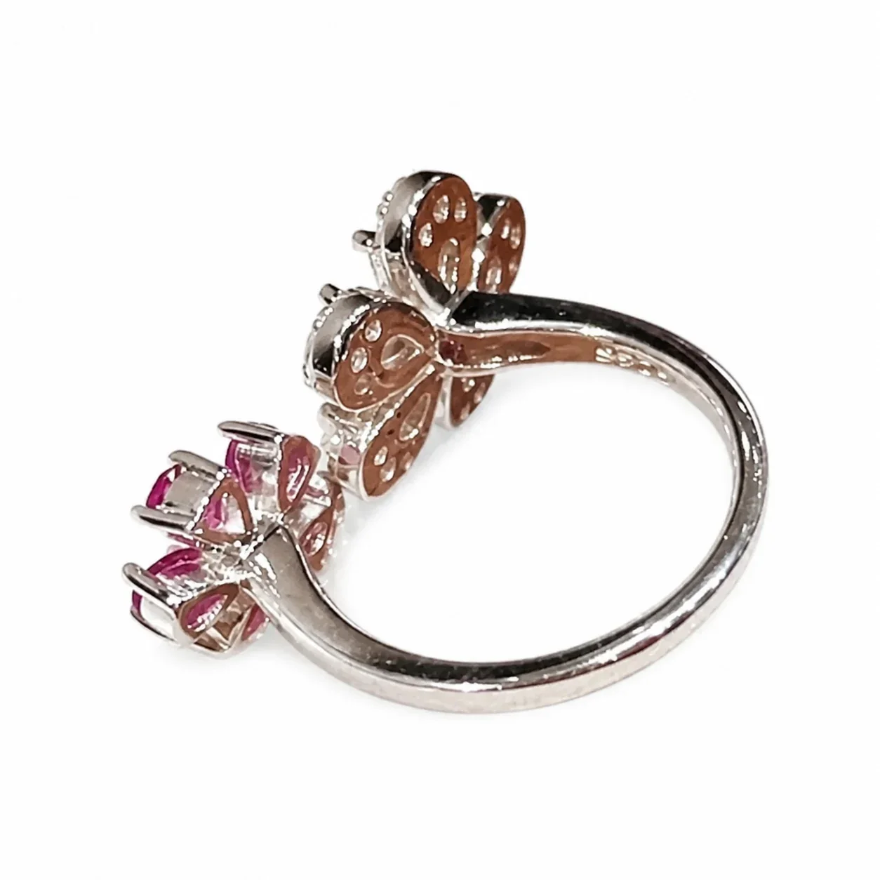 Radiant Silver-Plated Copper Twin Flower Open-Front Ring