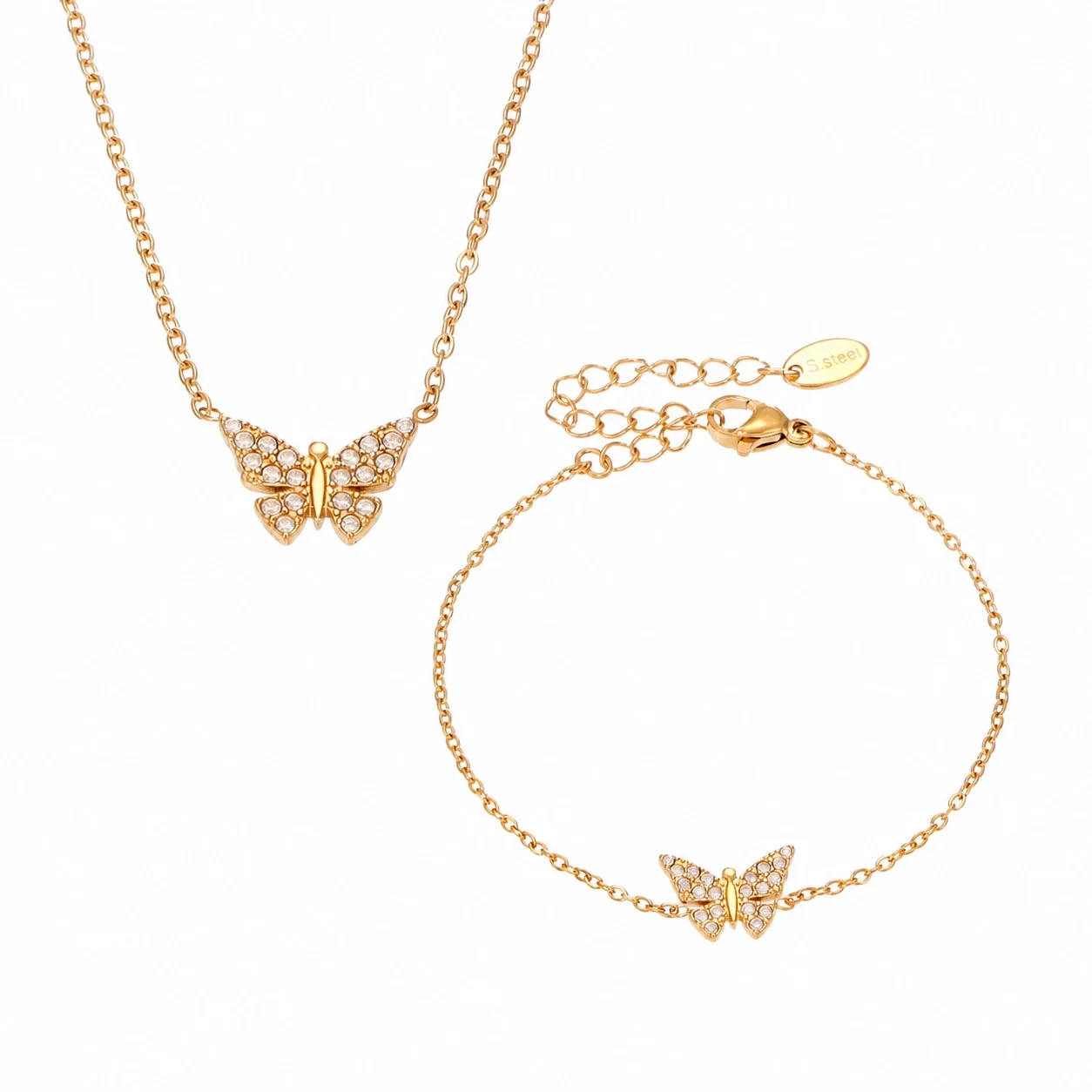 Delicate Pavé Butterfly Stainless Steel Necklace & Bracelet
