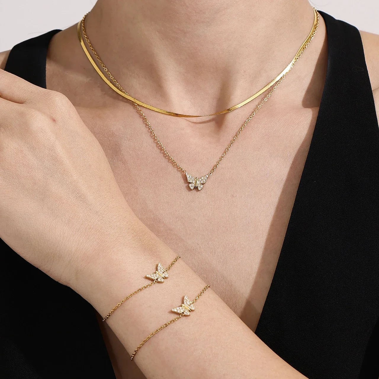 Delicate Pavé Butterfly Stainless Steel Jewelry Set