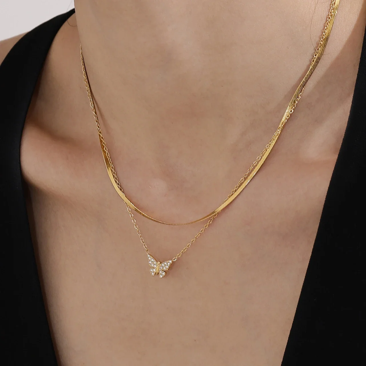 Delicate Pavé Butterfly Stainless Steel Jewelry Set