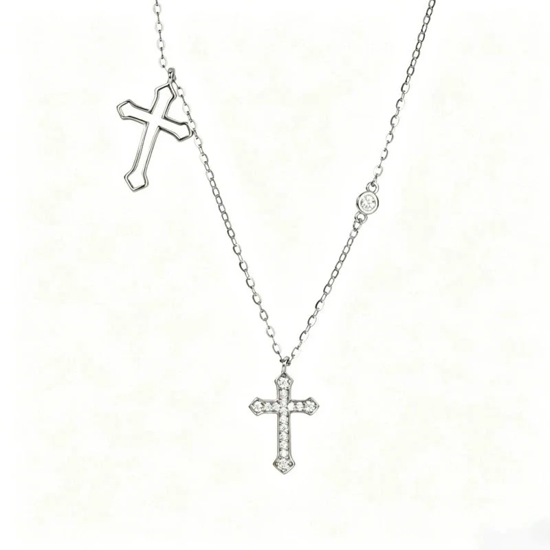 Asymmetric 925 Sterling Silver Double Cross Crystal Necklace
