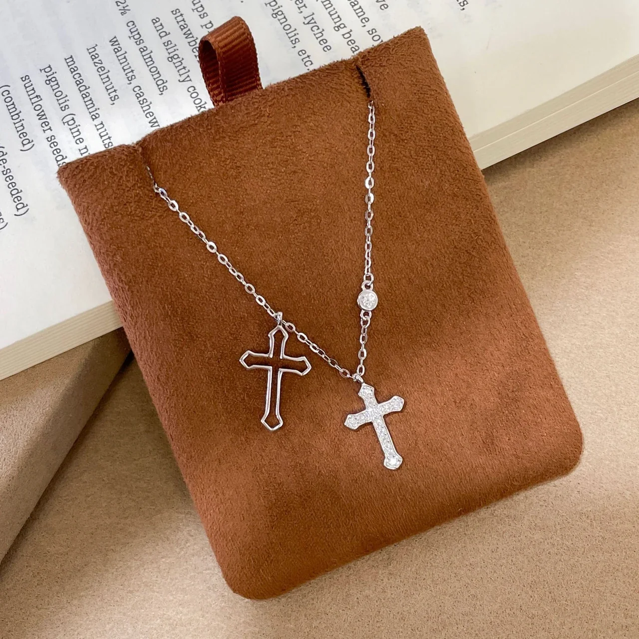 Asymmetric 925 Sterling Silver Double Cross Crystal Necklace