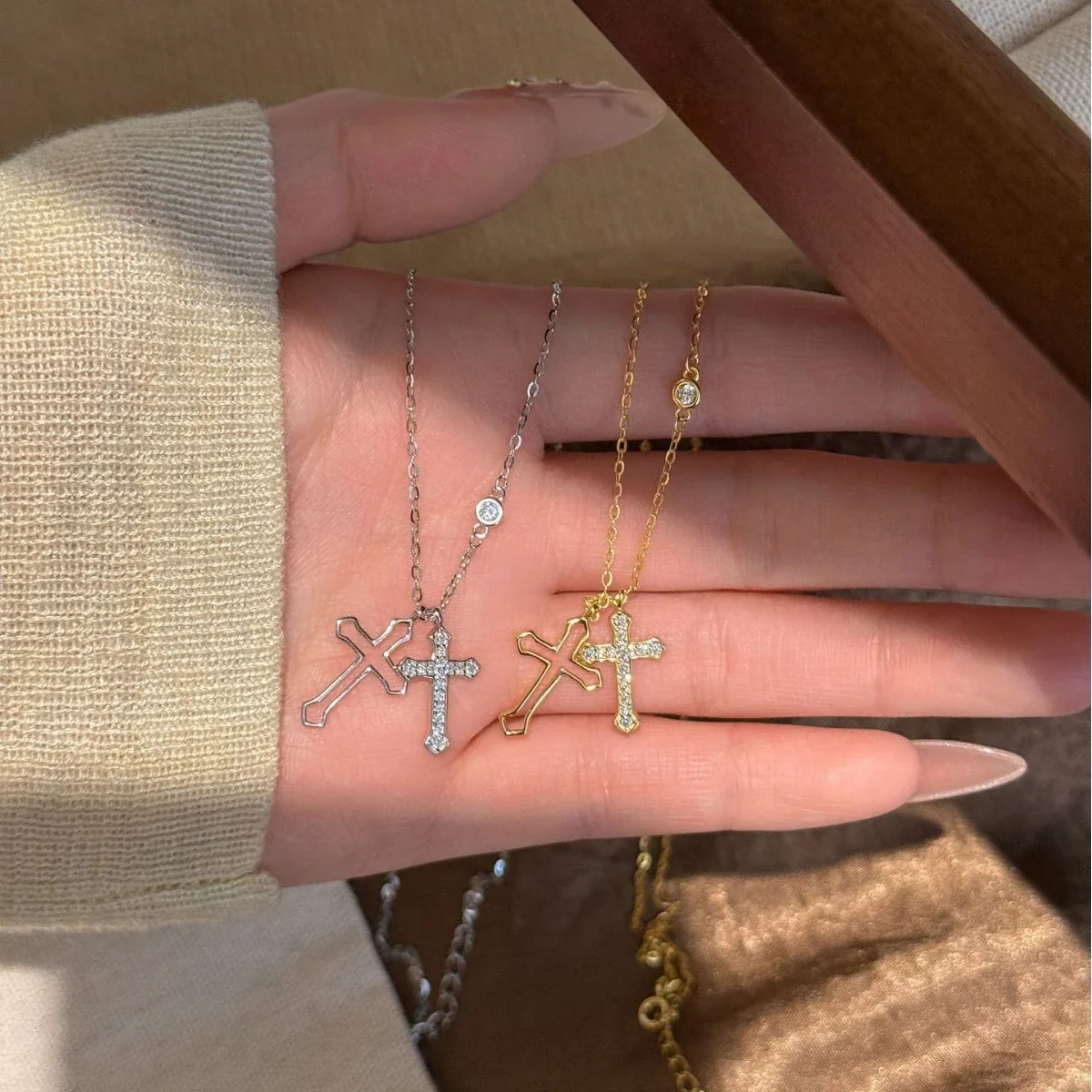 Asymmetric 925 Sterling Silver Double Cross Crystal Necklace