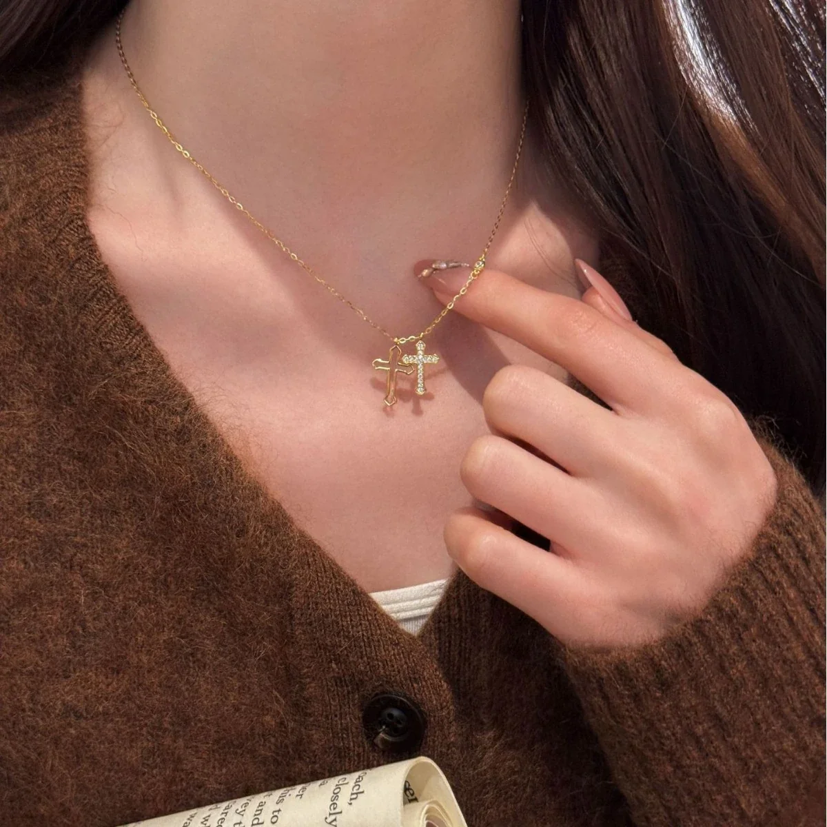 Asymmetric 925 Sterling Silver Double Cross Crystal Necklace
