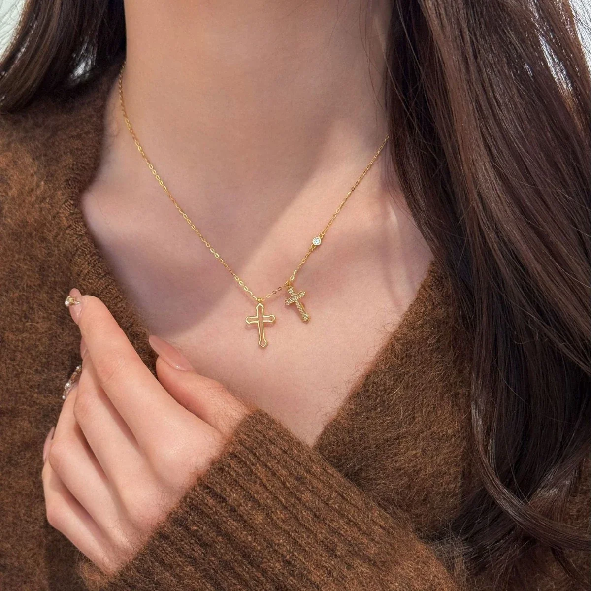 Asymmetric 925 Sterling Silver Double Cross Crystal Necklace