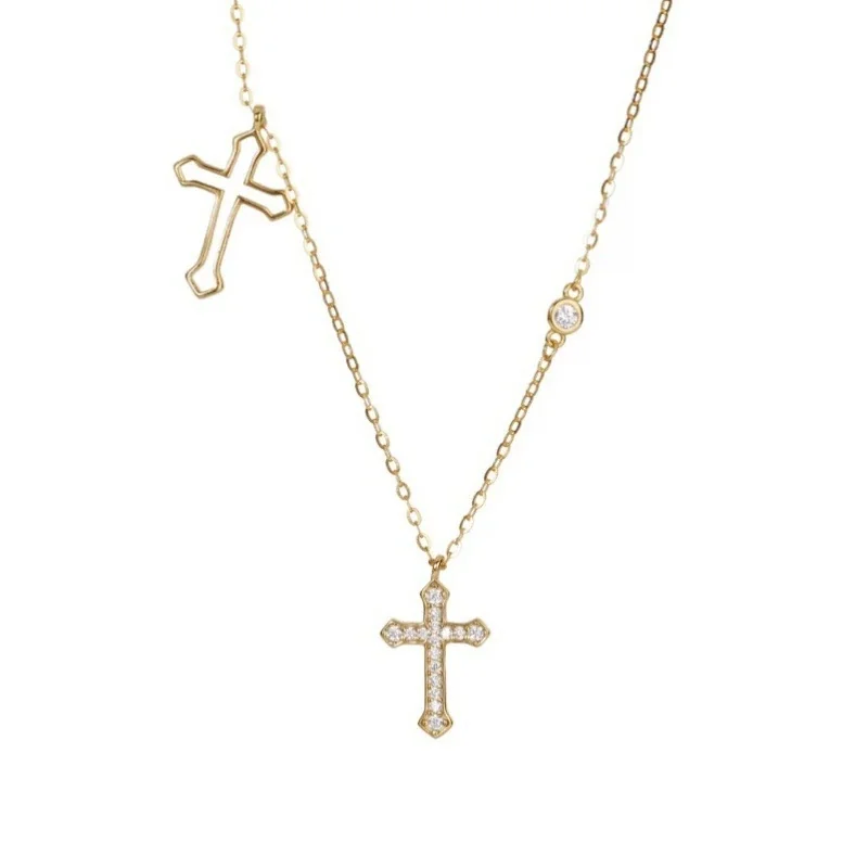 Asymmetric 925 Sterling Silver Double Cross Crystal Necklace - Gold