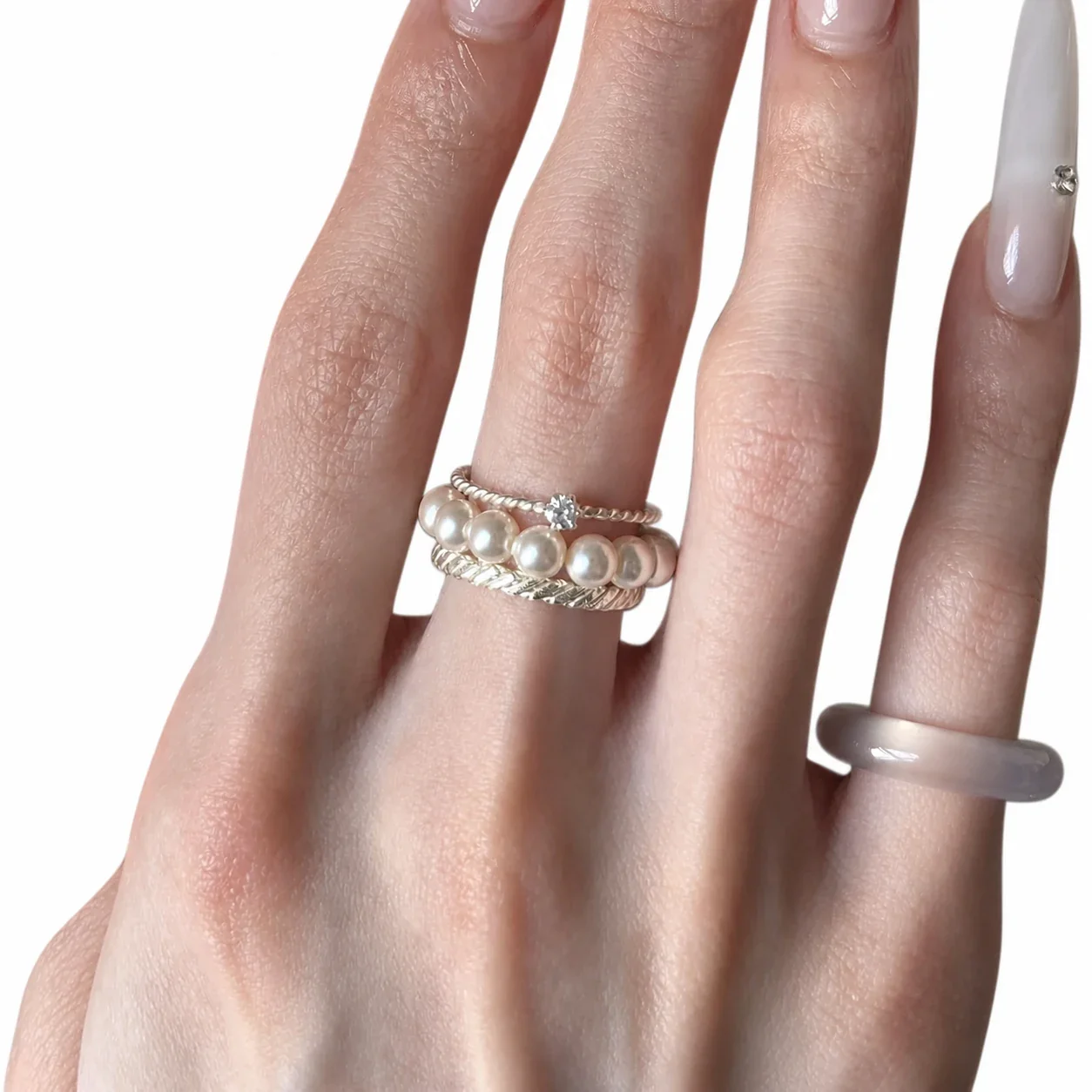 Layered Silver-Plated Braided Pearl Row Open Ring