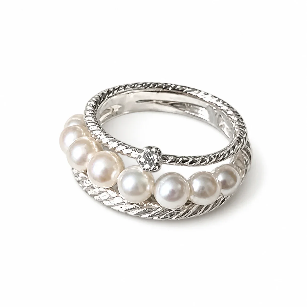 Layered Silver-Plated Braided Pearl Row Open Ring