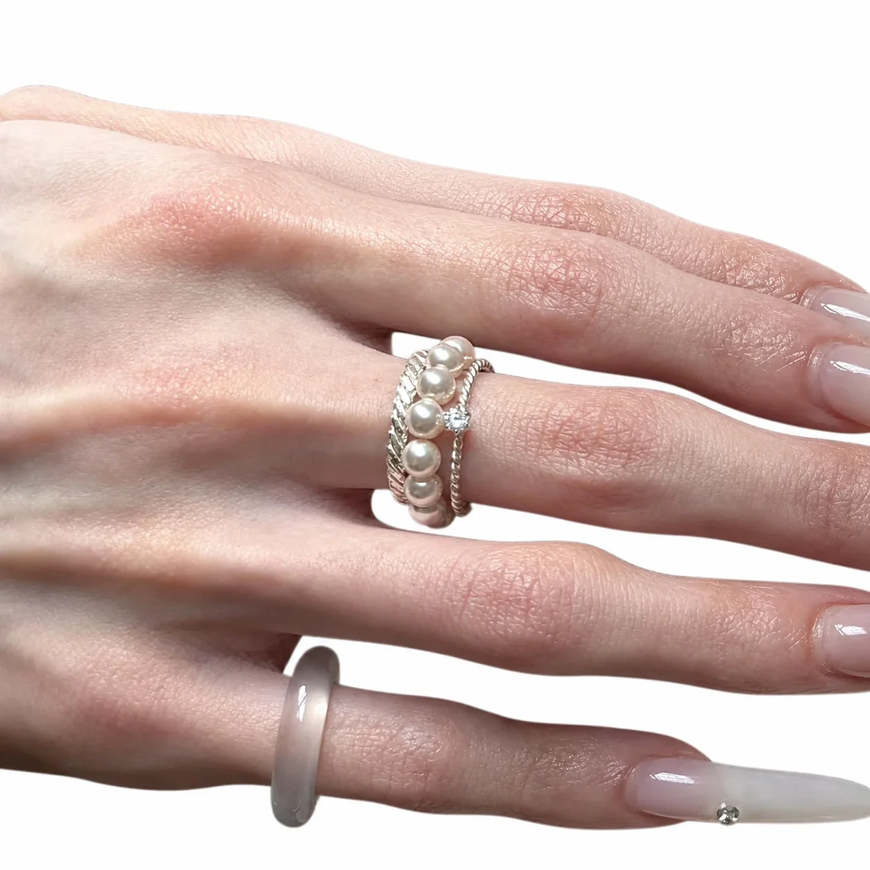 Layered Silver-Plated Braided Pearl Row Open Ring