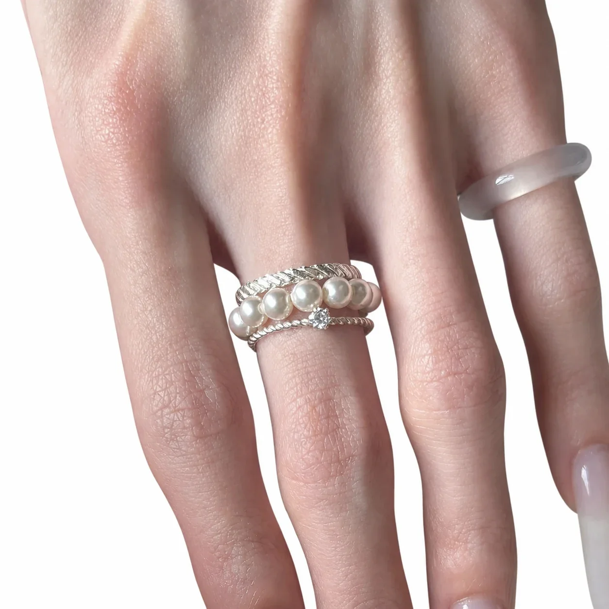 Layered Silver-Plated Braided Pearl Row Open Ring