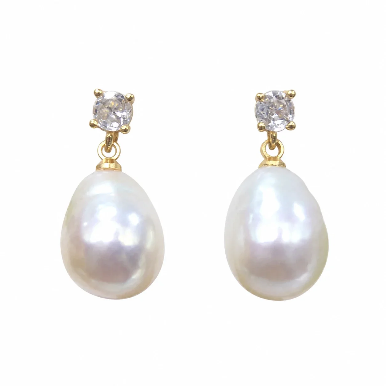 Radiant Gold-Plated Prong CZ Freshwater Pearl Drop Earrings