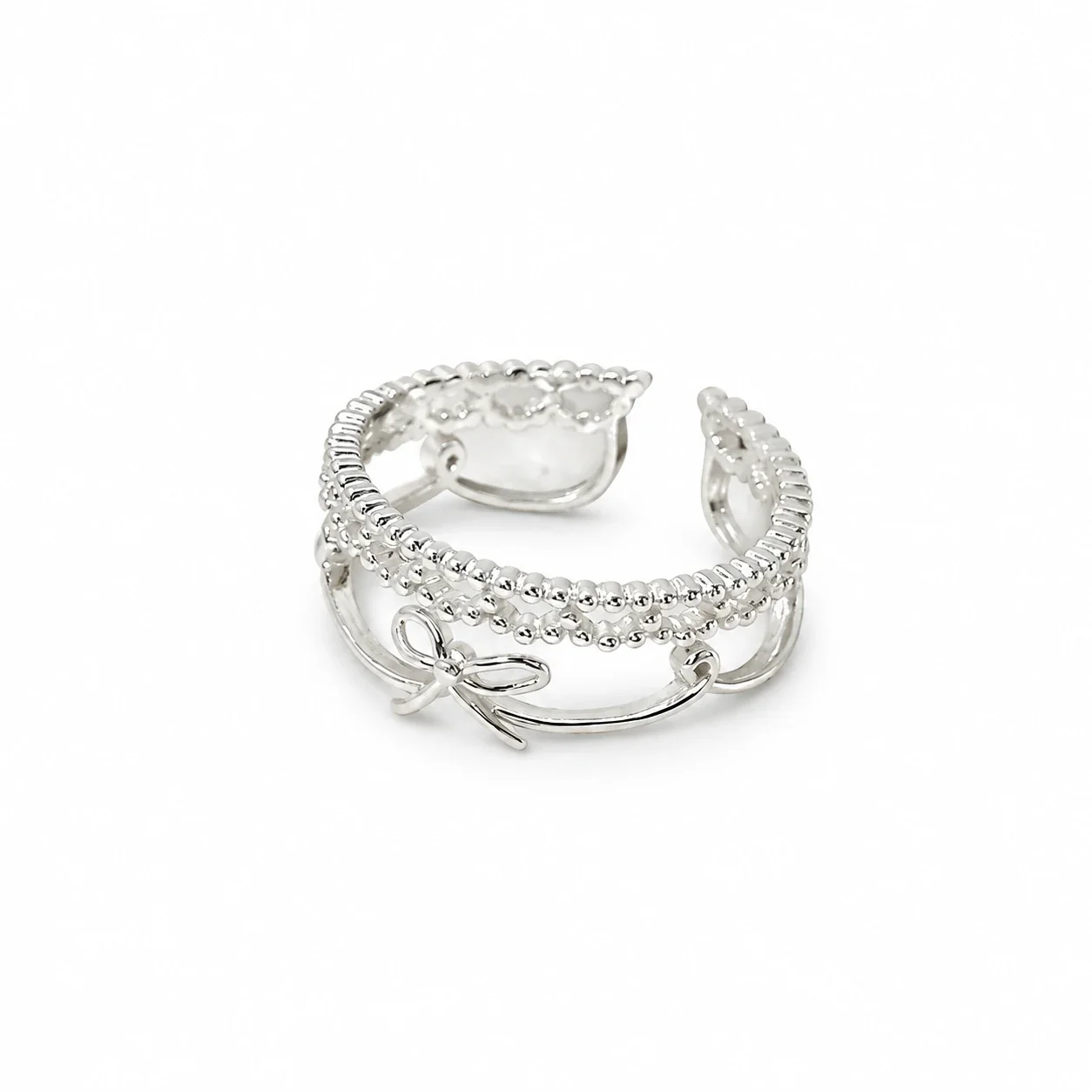 Delicate 925 sterling silver Beaded Bow Open Ring