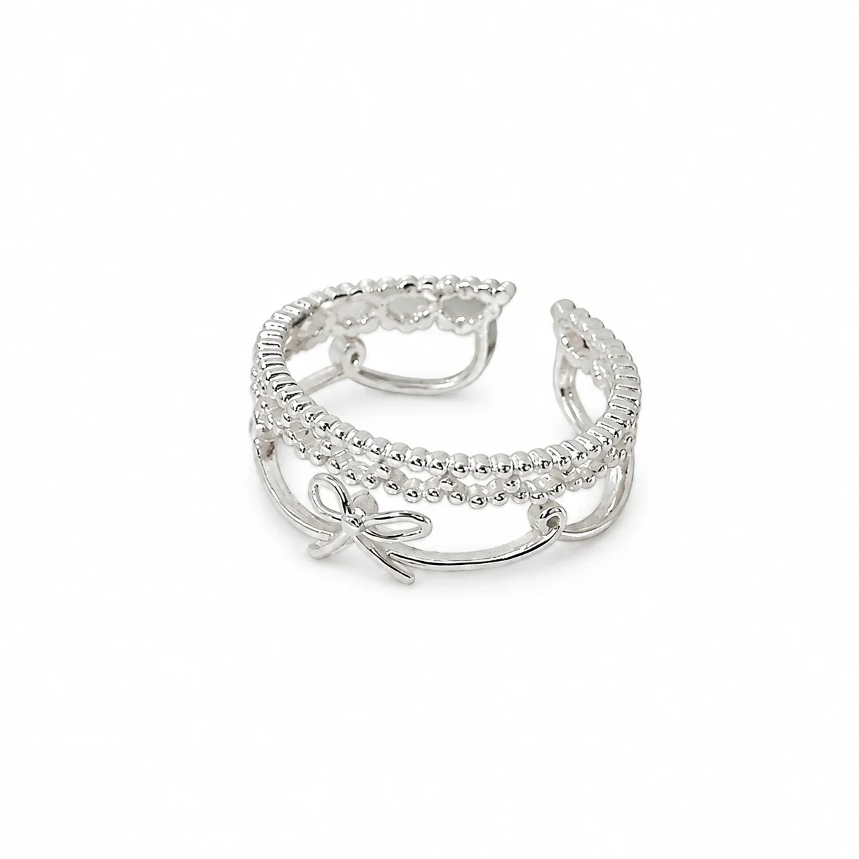 Delicate 925 sterling silver Beaded Bow Open Ring - Silver