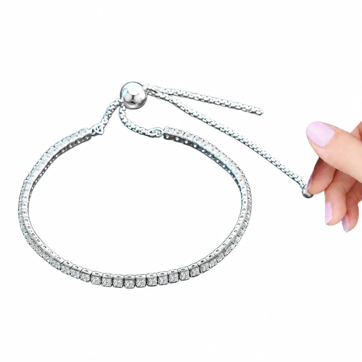 Polished 925 Sterling Silver Square-Set Slider Tennis Bracelet
