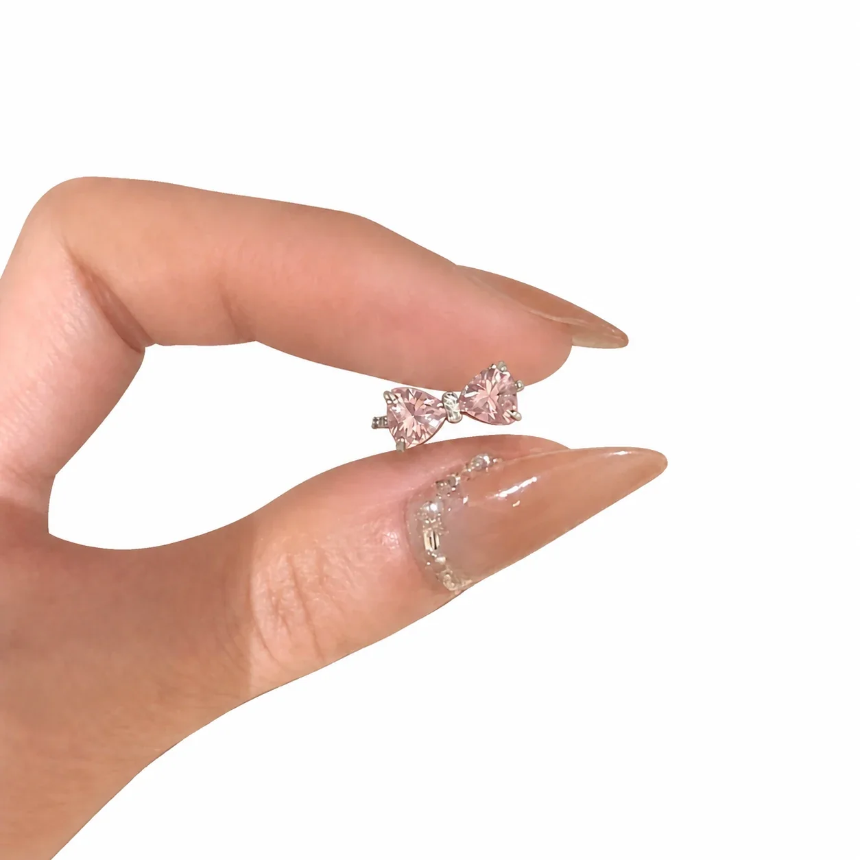 Romantic Pink CZ Bow Silver-Plated Copper Open Ring