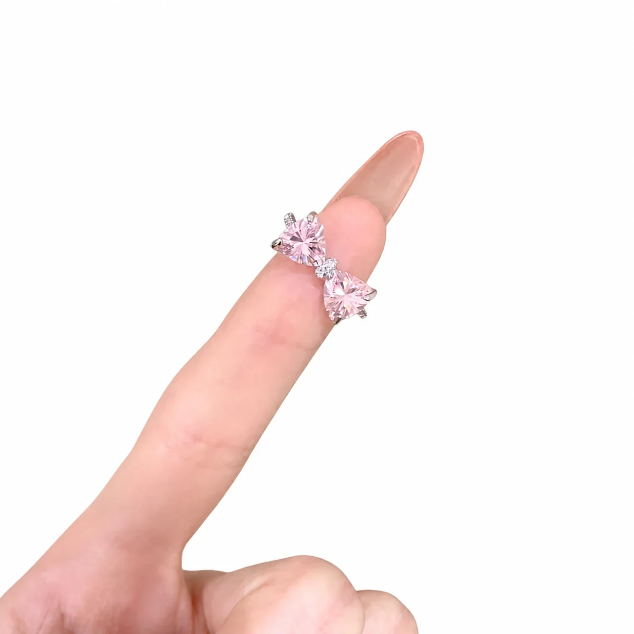 Romantic Pink CZ Bow Silver-Plated Copper Open Ring