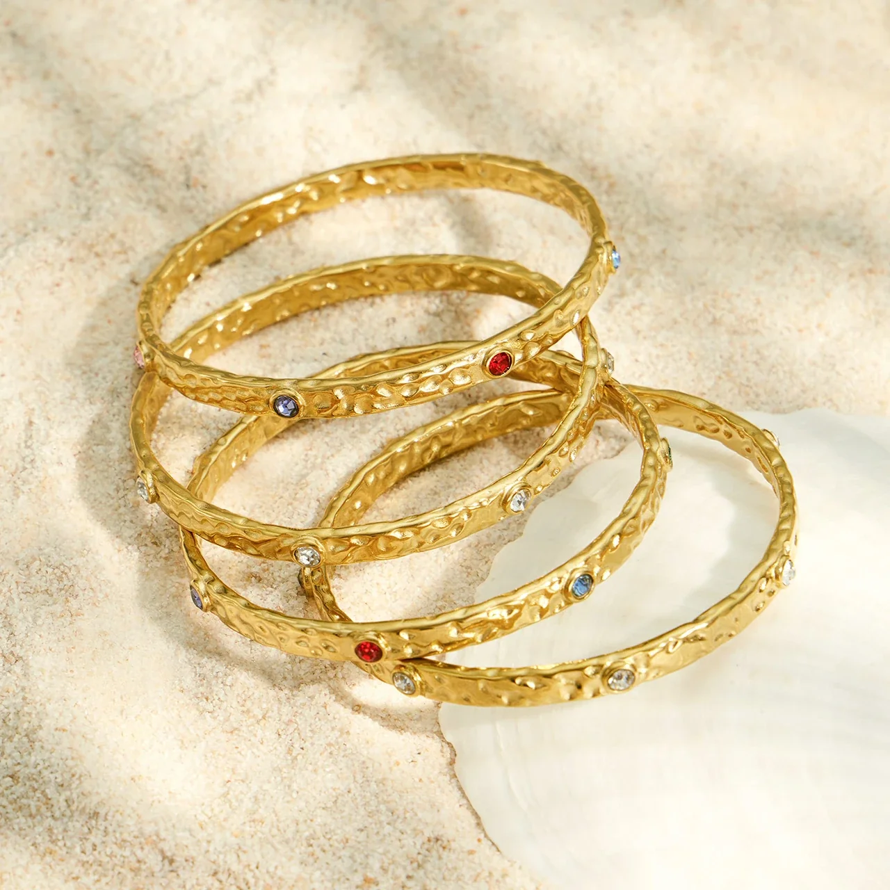 Hammered Gold-Plated Steel Bezel CZ Bangle